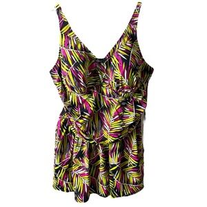D & Co. Beach Ruched Flounce Swim Dress Leaf Print One Piece Womens Plus 24W